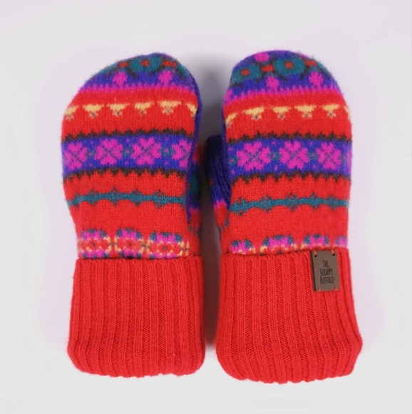 Upcycled Bright Red Purple Kids Wool Mittens Sherpa Fleece Lining 7-10y Handmade - Picture 1 of 10